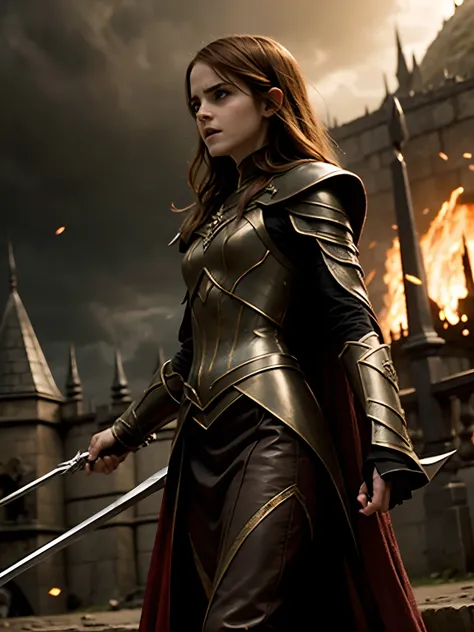 Emma Watson as Sauron a fight in The Lord of the Rings , epic battle, cinematic scene,