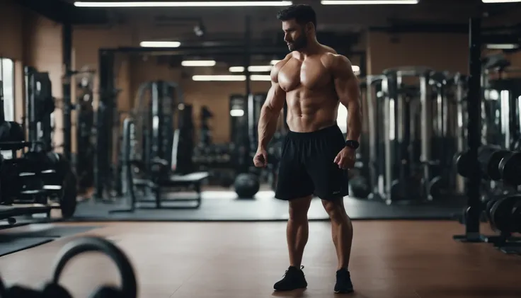 A strong man at gym, sweaty body, realistic, 8k, blur background, black hair