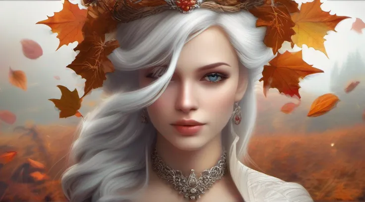 uma mulher em um vestido branco segurando um frasco de mel, Imperatriz outonal, Deusa do outono, arte fantasia behance, arte de fantasia digital ), realistic fantasy illustration, Renaissance Autumn, Pintura digital de fantasia, estilo de arte de fantasia,...