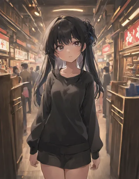 Girl, black hair till sholders, dark eyes, looking at camere, black shirt, black pants, 16 year old, anime, hot