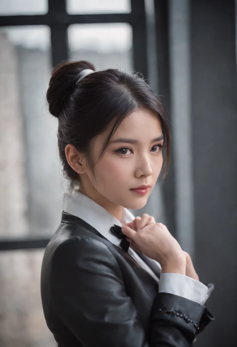 Black leather gloves, black suit, black hair, ponytail, Japanese girl, ribbon tie blouse, upper half