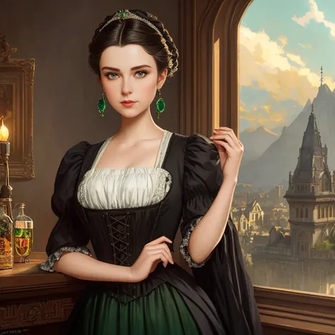 stunning masterpiece delicate and curvy young woman 20 years old, wearing British Victorian ladys clothing, pele rude, Olhando para cima, ((Sunny background of Victorian mansion)), medium straight hair dark brown, detailed perfect almond-shaped emerald gre...