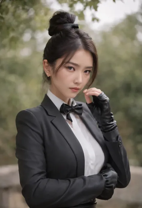 Black leather gloves, black suit, black hair, ponytail, Japanese girl, ribbon tie blouse, upper half