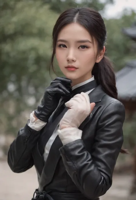 Black leather gloves, black suit, black hair, ponytail, Japanese girl, ribbon tie blouse, upper half