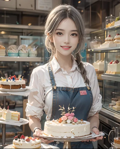 masutepiece、hight resolution、Cake shop、Cake craftsman、30-year-old girl、Smiling at the camera、Finish as shown in the photo、the skin is white and beautiful、inner colored、Hair should be tied back、A slender