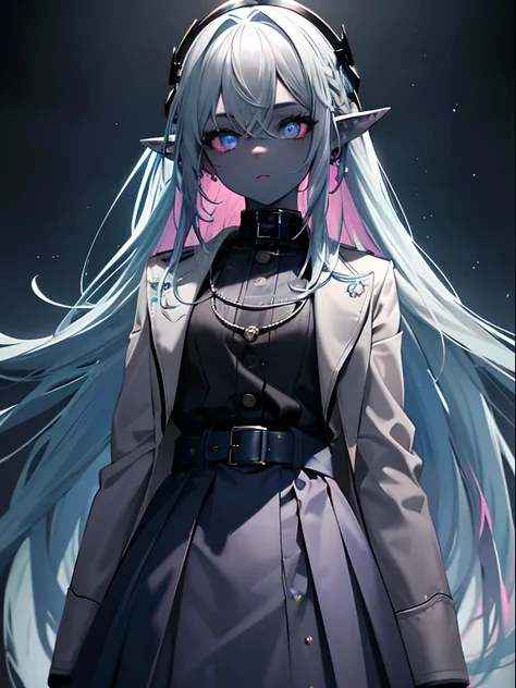 (Masterpiece, Best quality, ultra high resolution),1girl,pale blue hair,black skin,elf ears,(multicolored hair,pink and blue hair)long gray skirt, jacket,,beautiful and detailed face, detailed eyes,((grey and dark blue theme)),in the park, night