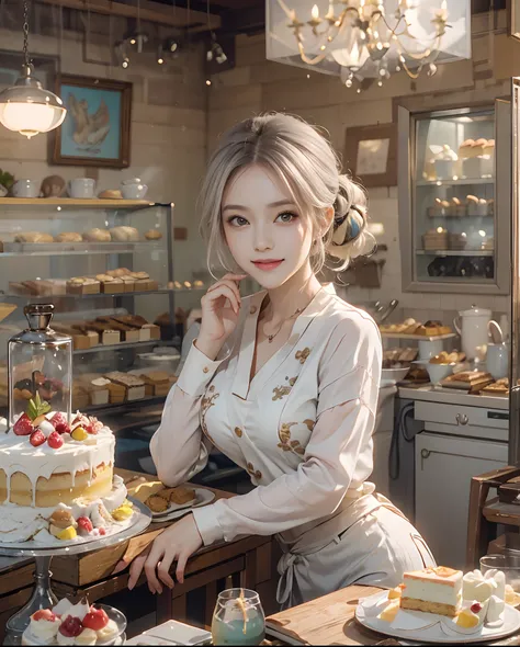 masutepiece、hight resolution、Cake shop、Cake craftsman、30-year-old girl、Smiling at the camera、Finish as shown in the photo、the skin is white and beautiful、inner colored、Hair should be tied back、A slender