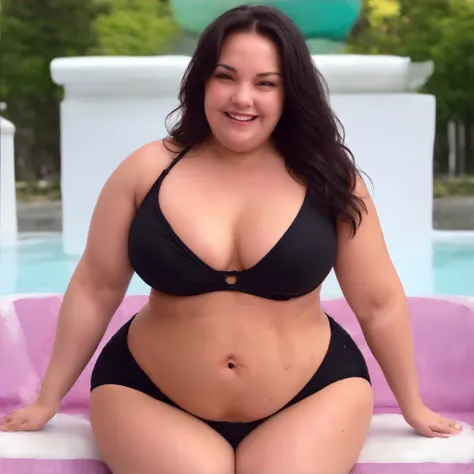 araffe woman in a black bikini sitting on a pink towel, beautiful thick female, she has a jiggly fat round belly, beautiful curvy female, full body shot in bikini, in a bikini, thicc, black bikini, swimsuit model, curvy model, thick body, alluring plus siz...