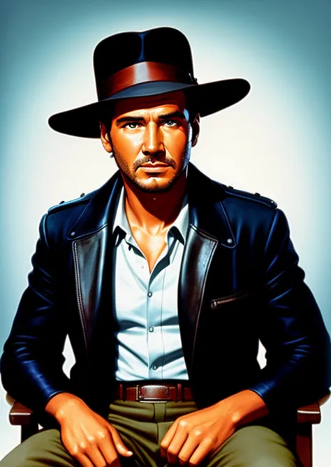 Painting of a man in a hat and jacket sitting in a chair, inspirado por Drew Struzan, arte estilo drew struzan, Indiana Jones, drew struzan inspiration, Artwork by Drew Struzan, Martin then, Retrato da obra, Directed by: Drew Struzan, harrison ford, Indian...