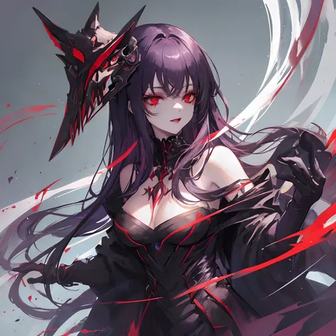 Woman, long dark purple hair, red eyes with a bright light, black long open dress, witch, silver jewelry in the shape of ribs, metal mask on half of the face, black lipstick