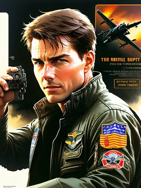 Tom Cruise of Top Gun, vhs effect, (poster: 1.2), poster on the wall, nostalgia, movie poster, (skin texture), intricately detailed, fine details, hyperdetailed, ray tracing, subsurface scattering, diffuse soft lighting, F-14 Tomcat airplanes detailed in t...