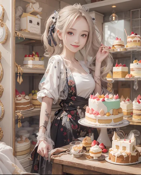 masutepiece、hight resolution、Cake shop、Cake craftsman、30-year-old girl、Smiling at the camera、Finish as shown in the photo、the skin is white and beautiful、inner colored、Hair should be tied back、A slender、Paws are thin and beautiful、Cake earrings、