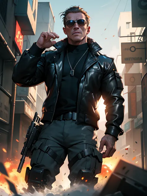 "Filme do Exterminador do Futuro, Futuristic, dystopian cityscape, atmosfera escura e arenosa, intense action scene, Arnold Schwarzenegger como o personagem principal, Iconic black leather jacket, sun glasses, Epic Battle, Explosions, armamento de alta tec...