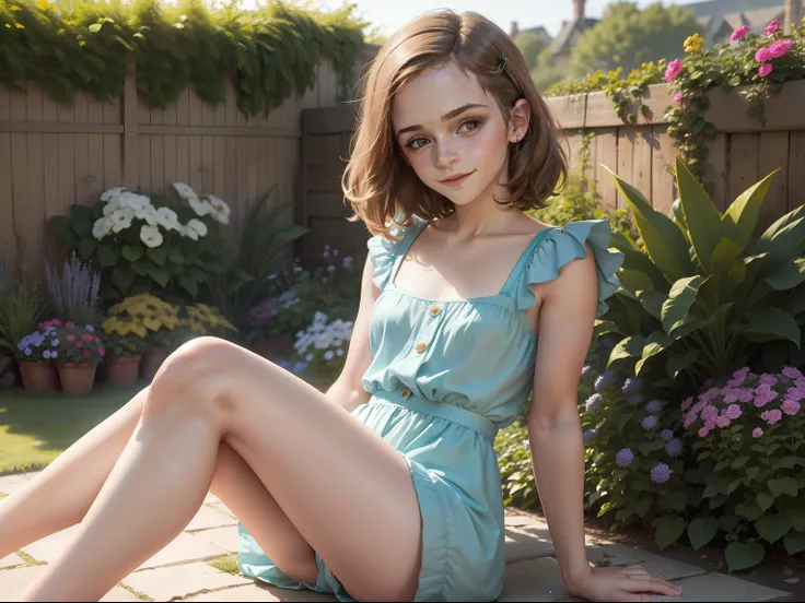 tween Emma Watson wearing a playsuit in the garden, small bust, small chest, cute smile