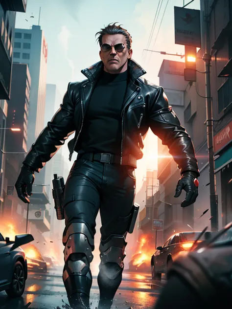 "Filme do Exterminador do Futuro, Futuristic, dystopian cityscape, atmosfera escura e arenosa, intense action scene, Arnold Schwarzenegger como o personagem principal, Iconic black leather jacket, sun glasses, Epic Battle, Explosions, armamento de alta tec...