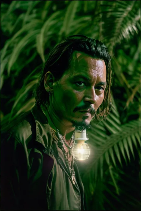 master part, Johnny Depp walking through the jungle at night (Noite entre vagalumes), (High detail:1 1), rough face, pele natural, alta qualidade, NSFW, Olhos bonitos, (rosto e olhos detalhados), (rosto: 1 2), noise, foto real, lamp film photography, foco ...