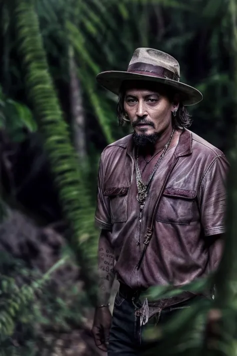 master part, Johnny Depp walking through the jungle at night (Noite entre vagalumes), (High detail:1 1), rough face, pele natural, alta qualidade, NSFW, Olhos bonitos, (rosto e olhos detalhados), (rosto: 1 2), noise, foto real, lamp film photography, foco ...