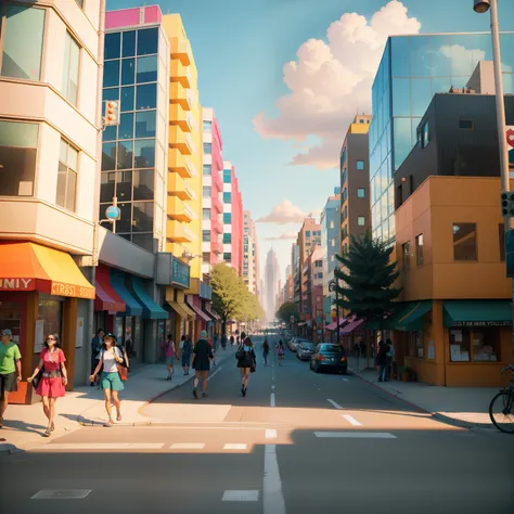 a vibrant, bustling cityscape of crestville during a sunny day, with colorful buildings, bustling streets, and happy pedestrians