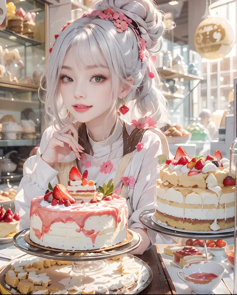 masutepiece、hight resolution、Cake shop、Cake craftsman、30-year-old girl、Smiling at the camera、Finish as shown in the photo、the skin is white and beautiful、inner colored、Hair should be tied back、A slender、Strawberry Earrings、