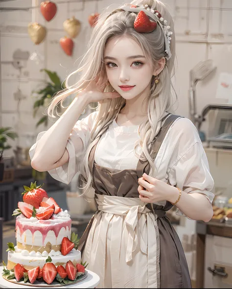 masutepiece、hight resolution、Cake shop、Cake craftsman、30-year-old girl、Smiling at the camera、Finish as shown in the photo、the skin is white and beautiful、inner colored、Hair should be tied back、A slender、Strawberry Earrings、