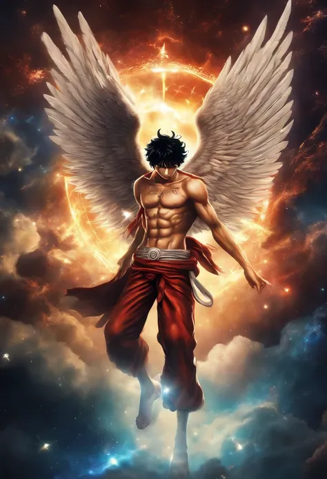 Cosmic Fallen Angel with luffy face from one piece, Ojos claros y brillantes, biomech, misterioso, horripilante, Pesadilla, colores muy brillantes, light particles, con luz brillante, Mshiff, Arte de papel pintado, Fondo de pantalla UHD