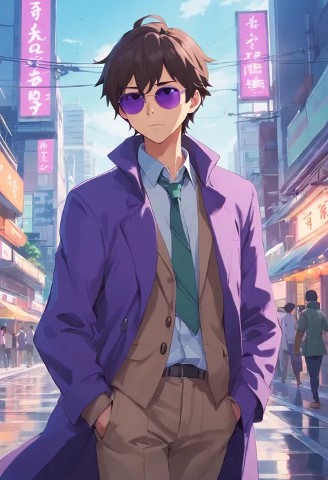 "A detailed art of Dick Swindler Frog wearing a purple overcoat and sunglasses on his face with a serious expression, corrida maluca, 4k, 8k, Full HD, corpo inteiro, Estilo de Arte corrida maluca, estilo de desenho hiper-realista, arte de anime limpa e det...