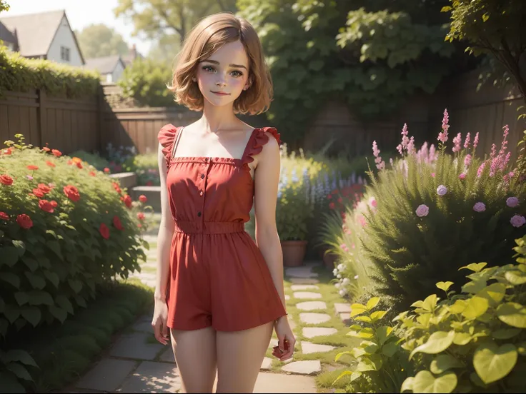 tween Emma Watson wearing a red playsuit in the garden, small bust, small chest, cute smile