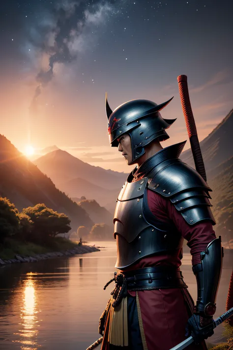 A realistic Japanese Rōnin warrior with his very realistic and detailed kabuto. He also has his armor and his katanna. It is on the edge of a river with a slight waterfall, in the distance a magnificent mountain and a sunset which reveals the Milky Way