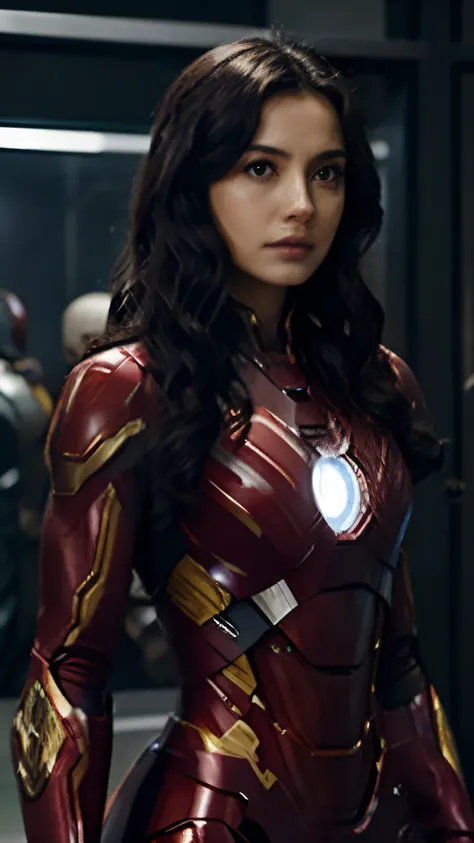 there is a woman in iron man suit, wavy hair, dark black hair