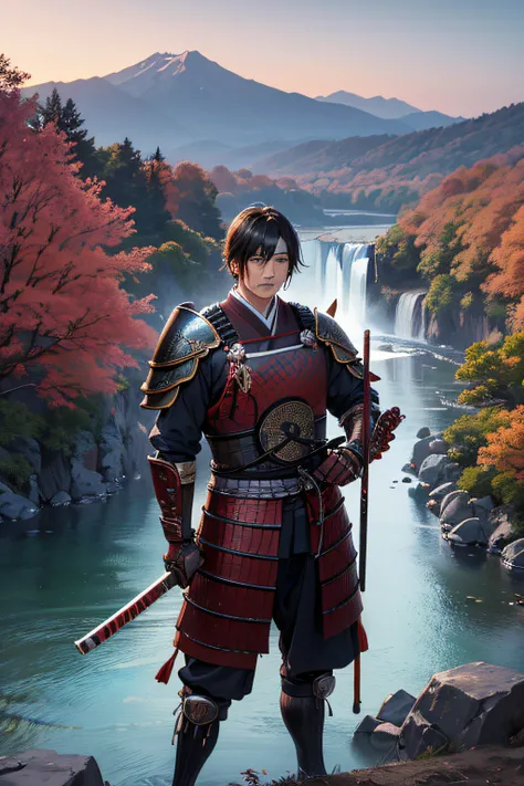 A realistic Japanese Rōnin warrior with his very realistic and detailed kabuto. He also has his armor and his katanna. It is on the edge of a river with a slight waterfall, in the distance a magnificent mountain and a sunset which reveals the Milky Way