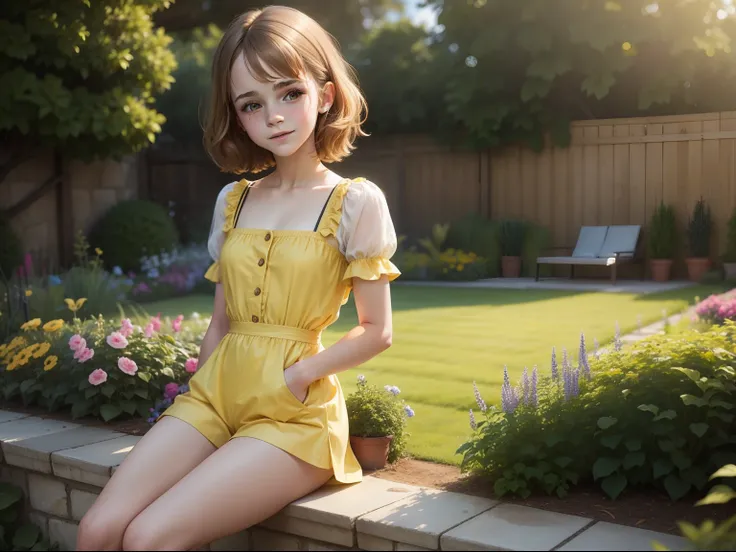 tween Emma Watson wearing a yellow playsuit in the garden, small bust, small chest, cute smile