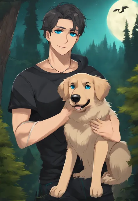 Duo, male (((werewolf, cyan eyes, dark cyan fur, bandages around waist, ear piercing, braids, blue shorts))) licking cheek, (((golden retriever, black shorts, cum inflated))) hand on waist, topless, forest, night, cave, cuddling, by darkgem, by mystikfox61...