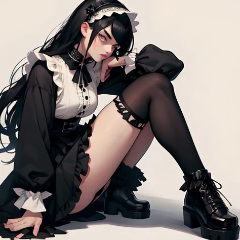 1 woman, cool, masculine, cross-dressing, gothic clothes, gothic, one-piece, knee-high socks, black socks, skirt, black clothes, white frills, black hair, long hair, thick eyebrows, boyish, sake, headdress, black lips , lots of frills