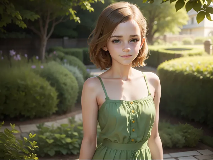 tween Emma Watson wearing a green playsuit in the garden, small bust, small chest, cute smile