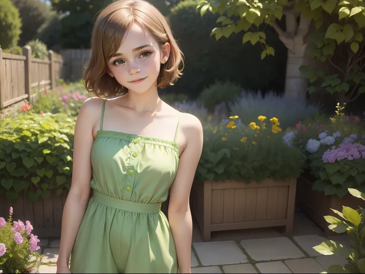 tween Emma Watson wearing a green playsuit in the garden, small bust, small chest, cute smile