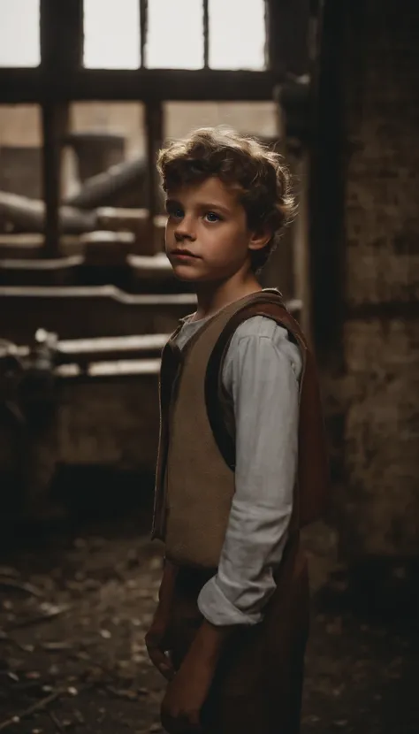 A curious 12-year-old Max, peering into an old, abandoned factory, with a sense of wonder in his eyes , realistic art style, soft and natural lighting, 50mm focal camera, cinematic film, no special effects