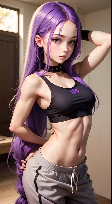 Girl with long purple hair slim, cuteface, little chest, in sweatpants and a top