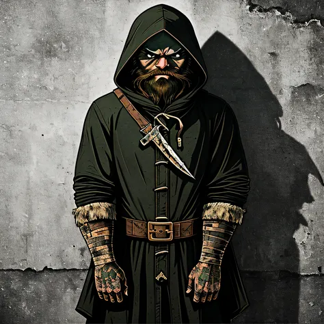 a rogue looking like a shadow wearing a hood, heavy criminal past, daggers, perfidious smile, big beard, green eyes