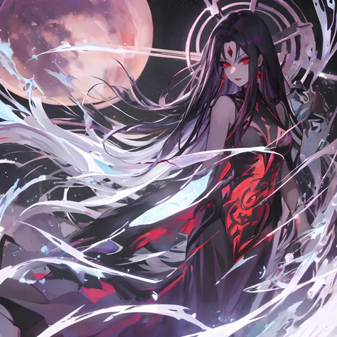 Woman, long dark purple hair, red eyes with a bright light, black long open dress, witch, silver jewelry in the shape of ribs, metal mask on half of the face, black lipstick