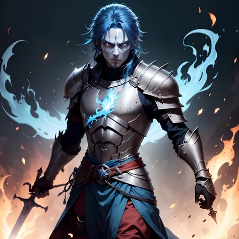 guy, undead, a sword, Hair Blue Flame, Steel armor is completely enclosed