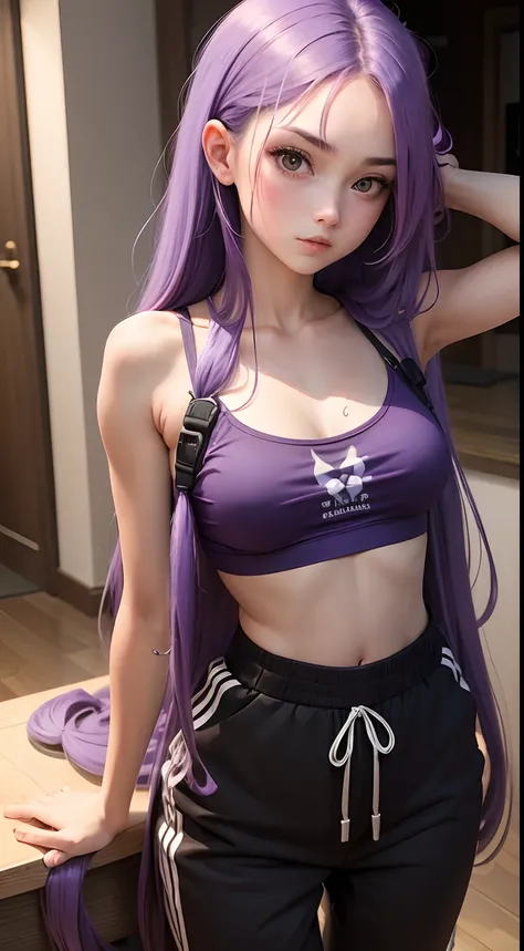 Girl with long purple hair slim, cuteface, little chest, in sweatpants and a top