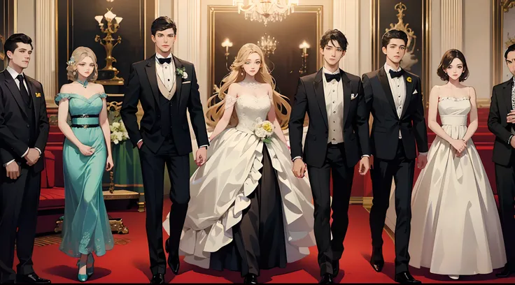 (highest resolution), best quality, masterpiece, a group of 6 people, varying appearances, dressed formally, attractive