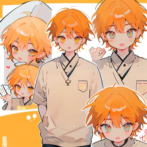 1boy, manhwa uke, cute, short, adoptable character sheet, ginger hair, cat-like design, cat eyes, cat fangs, male hairstyle, jitome eyes, orange hair, unique character design,