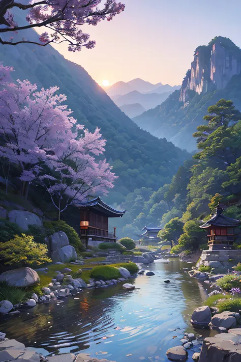 A very detailed and mystical realistic Japanese dragon flies over a river that winds between the rocks. It is magnificent and spiritual. In the distance, a traditional Japanese village near the mountains. The sun rises and we still see planets, the galaxy ...