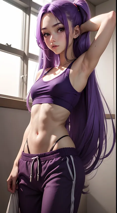 Girl with long purple hair slim, cuteface, little chest, in sweatpants and a top