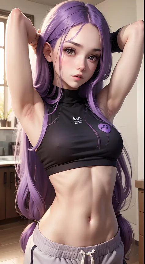 Girl with long purple hair slim, cuteface, little chest, in sweatpants and a top