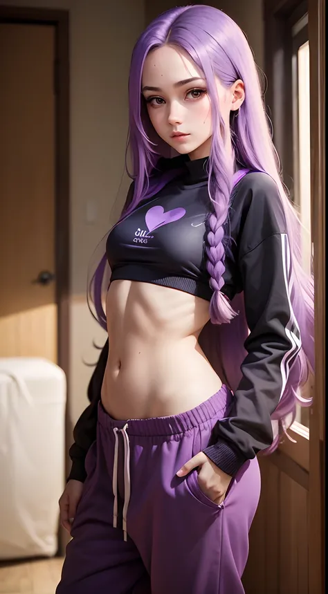 Girl with long purple hair slim, cuteface, little chest, in sweatpants