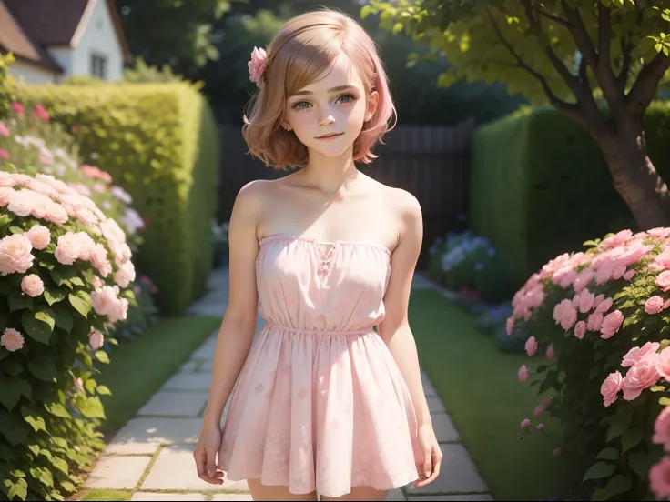 tween Emma Watson wearing a light pink floral patterned strapless playsuit in the garden, small bust, small chest, cute smile, light pink head accessories