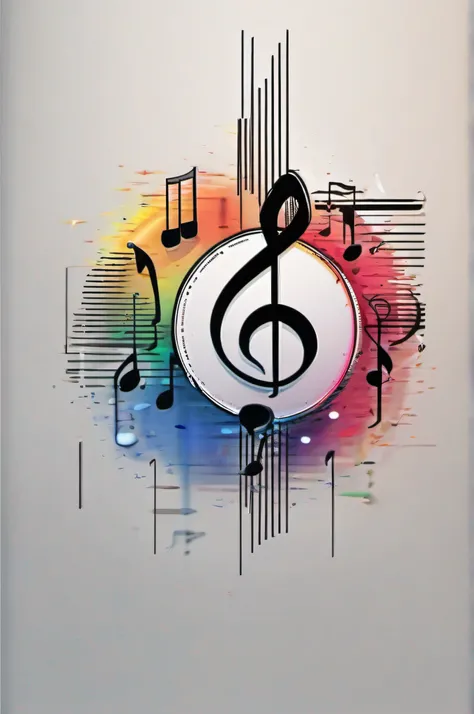 high quality music logo with sharp lines colorfull circle around, music notes around, 2 music notes inside, music playing