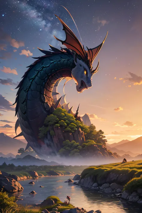 A dragon very detailed and mystical realistic Japanese flies over a river that winds between the rocks. It is magnificent and spiritual. In the distance, a traditional Japanese village near the mountains. The sun rises and we still see planets, the galaxy ...